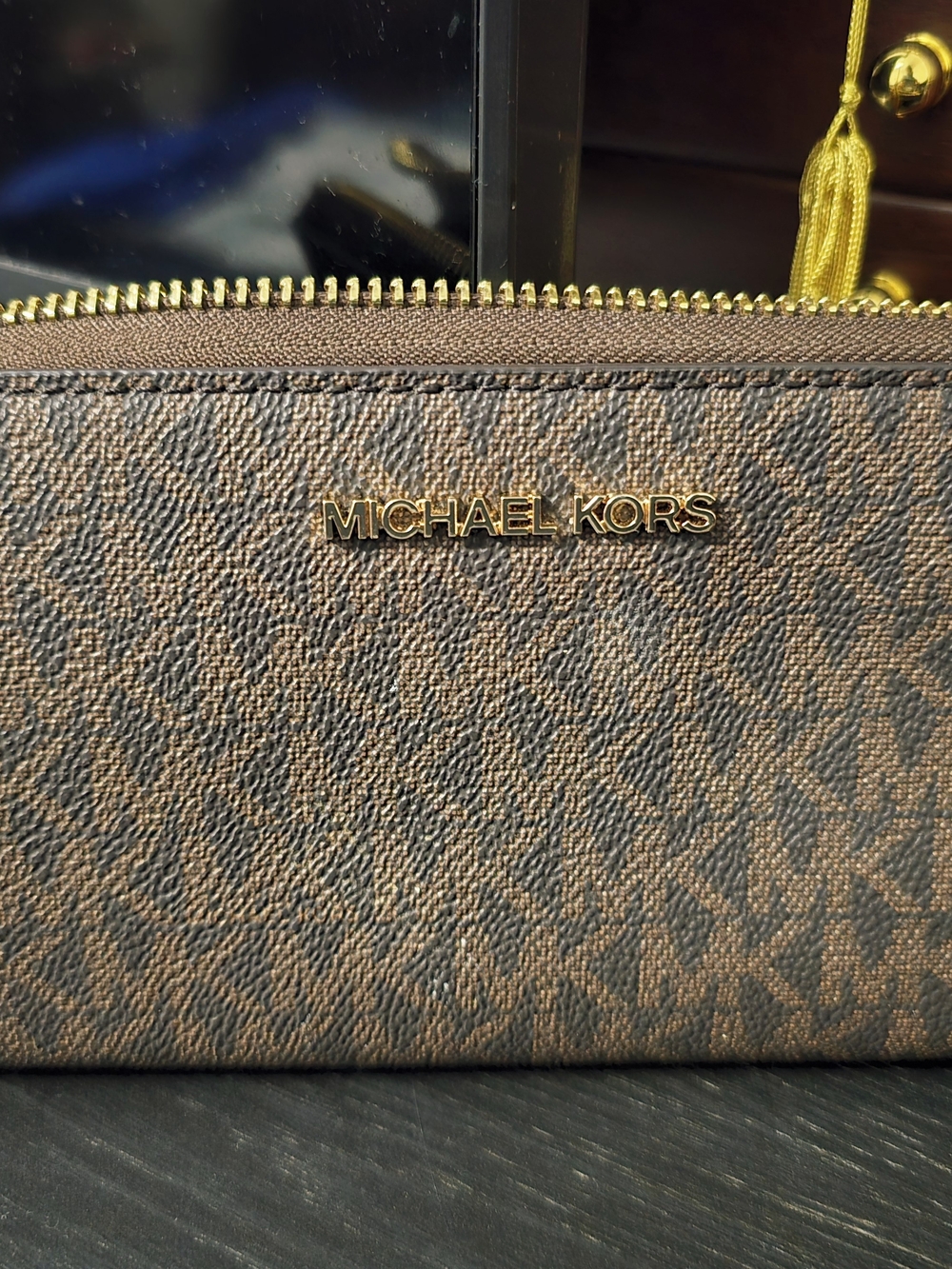 MICHAEL KORS Brown Signature Logo Wristlet with Gold Hardware